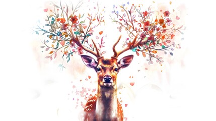Wall Mural - surreal illustration of a deer with antlers made of flowers, set against a bright white background.
