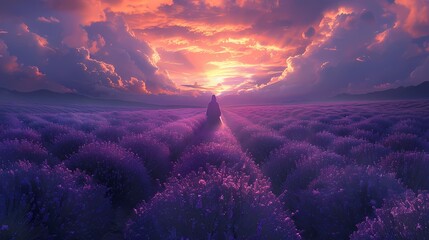 Wall Mural - A beautiful lavender field in full bloom under a purple and pink sky at dusk.