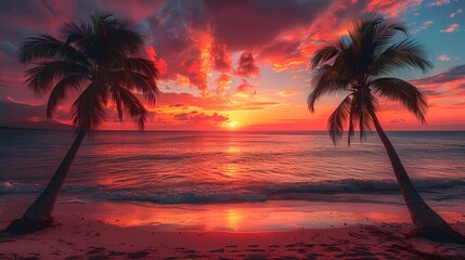 Wall Mural - A breathtaking sunset over a tranquil beach with palm trees silhouetted against the orange and pink sky.