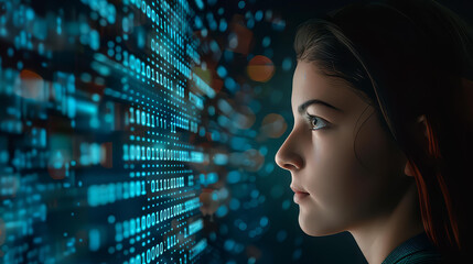 Futuristic portrait of a woman with binary code overlay.