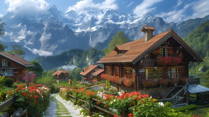 Wall Mural - A picturesque alpine village nestled in the mountains, with wooden chalets and snow-capped peaks.