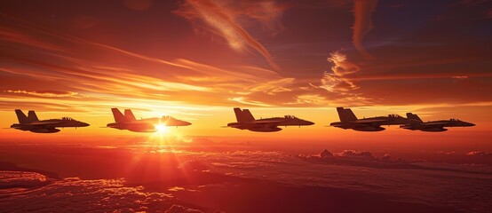 fighter jets flying in the sky at sunset. The sun is setting behind the planes, creating a beautiful and dramatic scene.