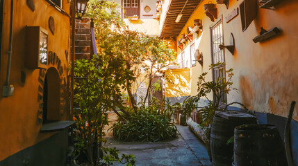 Wall Mural - A stylish vintage interior of a house courtyard with yellow walls and small tropical garden in the middle.