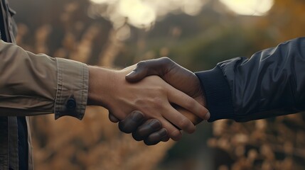 A firm handshake between two adult men of different ethnicities outdoors, symbolizing agreement and partnership.