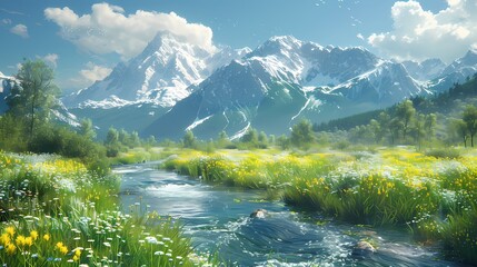 Wall Mural - A serene meadow with a winding river, wildflowers, and a stunning mountain range in the background.