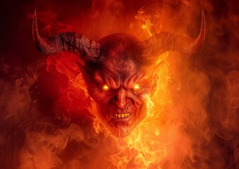 Fiery, menacing demon with horns in flames, grinning menacingly; a vivid portrayal of hellish scene for horror or fantasy themes