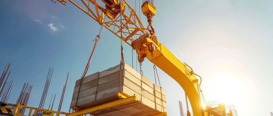 A construction crane hoisting materials at a building site under a bright sky, highlighting heavy machinery and construction industry.