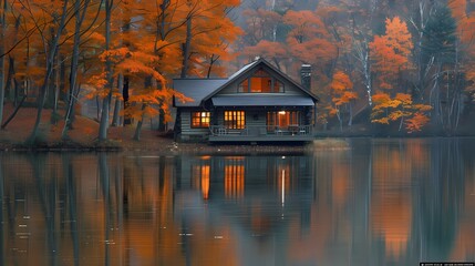 Wall Mural - A tranquil lakeside cabin surrounded by autumn foliage, with the lake reflecting the vibrant colors of the trees.