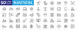 © Iconjam - Nautical icon set with hook, ship engine, watercraft, captain, paddles, propeller, azimuth compass, treasure map and frigate.