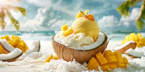 Wall Mural - Fresh tropical fruit ice cream served in coconut shell with chunks of mango and coconut on sandy beach with sunny sky