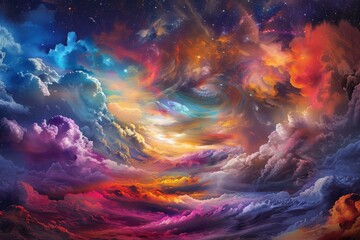 Poster - Surreal digital artwork of a cosmic sky with a vivid nebula, clouds, and stars