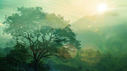  Lush green Earth landscape close up, focus on, copy space, vibrant colors, double exposure silhouette with nature