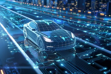 Wall Mural - New software defined vehicle system chip enhances automotive sector. Concept Automotive Industry, Advanced Chip Technology, Innovation in Automotive Sector. Deep tech AI technology. Futuristic car