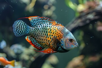 Vibrant cichlid fish swimming in a wellplanted tank with clear water