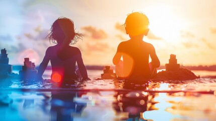 Two children silhouetted against a vibrant sunset, sitting in the water.  Their carefree summer fun is captured in this beautiful image.