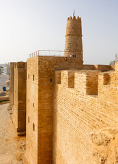 Wall Mural - Beautiful view of ancient Ribat fortress at sunny day. Tunisia, Monastir, Africa. Mediterranean Sea