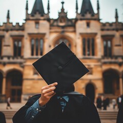 Wall Mural - A person holding up their graduation cap in front of an old university building, symbolizing the achievement and future possibilities 