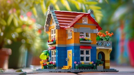 A real photography of miniature of a house made of Lego in fun theme color. Cute miniature 