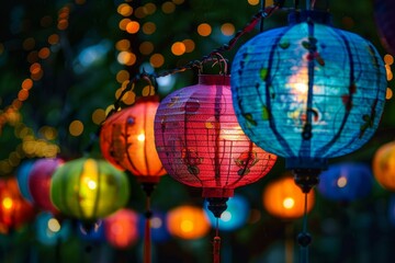 Wall Mural - Colorful paper lanterns lit up at dusk, creating a festive bokeh background