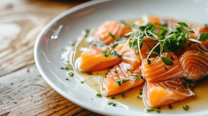 Wall Mural - Salmon carpaccio served on a white dish atop a wooden surface
