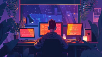 Attractive professional software developer coding program or engineering prompt. Skilled programmer typing computer and laptop while developing system with blurring background. Technology. AIG42.