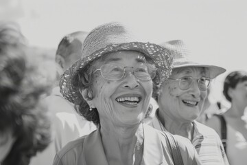 Wall Mural - Portrait of a smiling senior woman with glasses and a hat.