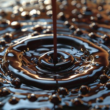 A mesmerizing close-up of a single water drop filled with rich, brown liquid resembling a swirl of chocolate and cream.