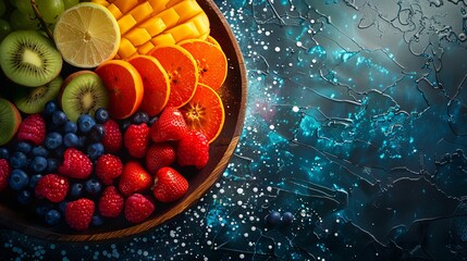 A vibrant bowl of assorted fresh fruits including kiwi, mango, oranges, strawberries, raspberries, and blueberries on a textured blue background.