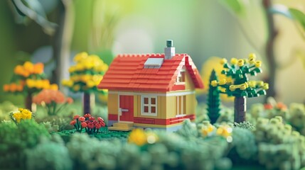 A real photography of miniature of a house made of Lego in fun theme color. Cute miniature 