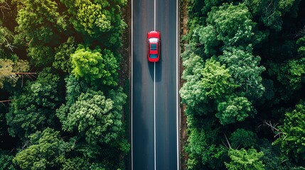 Poster - A red car navigates a road lined with lush green trees in a forested area. Generative AI