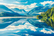 © VisualProduction - A serene lake reflecting the surrounding mountains and trees, creating a perfect mirror image of the landscape.