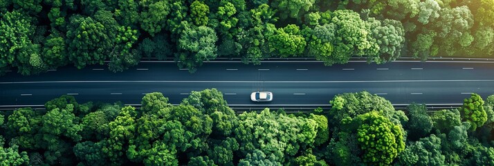 Aufkleber - Top view of a lone car driving along a highway through a lush green forest. Generative AI