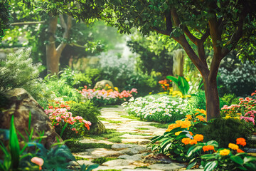 A tranquil garden with blooming flowers and lush greenery, perfect for adding a touch of nature to any project.