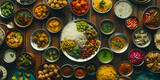 Fototapeta Młodzieżowe - variety of Indian dishes are arranged on a wooden platter, including bowls of rice, potatoes, and meat, as well as various sauces and side dishes 8k wallpaper