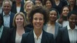 © yj - a crowd of business people smiling and looking at the camera in a front view, a group of many diverse businesspeople, a business woman standing out from the rest wearing a suit jacket. generative AI