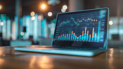 Wall Mural - business data statistics displayed on laptop screen, economy business growth progress data analysis,