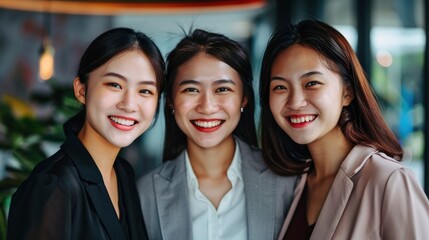 Wall Mural - Three Asian Chinese Beautiful Businesswomen Smile At The Camera With Confidence, Showcasing Their Collaborative Spirit, High Quality