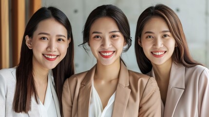 Wall Mural - Three Asian Chinese Beautiful Businesswomen Smile At The Camera With Confidence, Showcasing Their Collaborative Spirit, High Quality