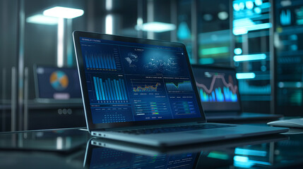 Wall Mural - business data statistics displayed on laptop screen, economy business growth progress data analysis,