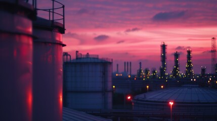 The massive metal storage tanks reflect the warm pink hues of a sunset casting a serene glow over the landscape.