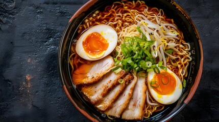 Wall Mural - Freshly cooked ramen noodles with pork and vegetables 