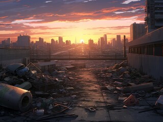 Wall Mural - Coastal Neglect Sunset Cityscape with Abandoned Garbage Pile
