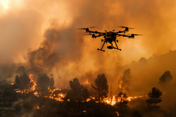 Wall Mural - Ai drone flies above a raging wildfire, mapping the disaster for emergency response and containment efforts