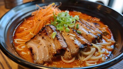 Wall Mural - Freshly cooked ramen noodles with pork and vegetables 