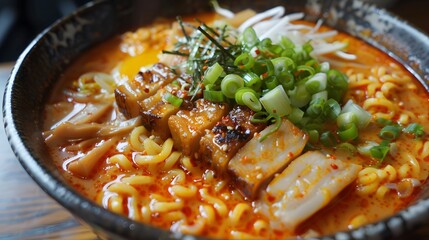 Wall Mural - Freshly cooked ramen noodles with pork and vegetables 