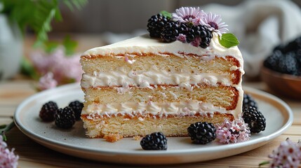 Slice of tasty sweet cake with cream decorated with flower and blackberries served on plate - Generative Ai