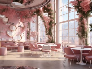 Wall Mural - Sleek Sanctuary Urban Interior with Pink Seating and Botanical Accents.
