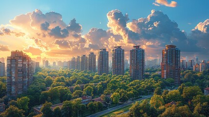  Cityscape with skyscrapers and architecture of residential buildings with road green trees in daylight - Generative AI