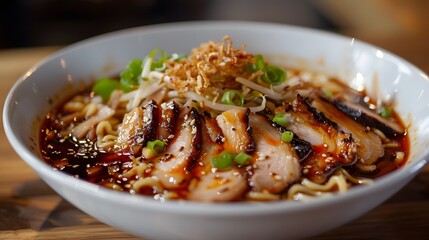 Wall Mural - Freshly cooked ramen noodles with pork and vegetables 