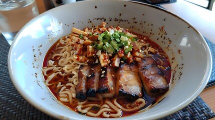 Wall Mural - Freshly cooked ramen noodles with pork and vegetables 